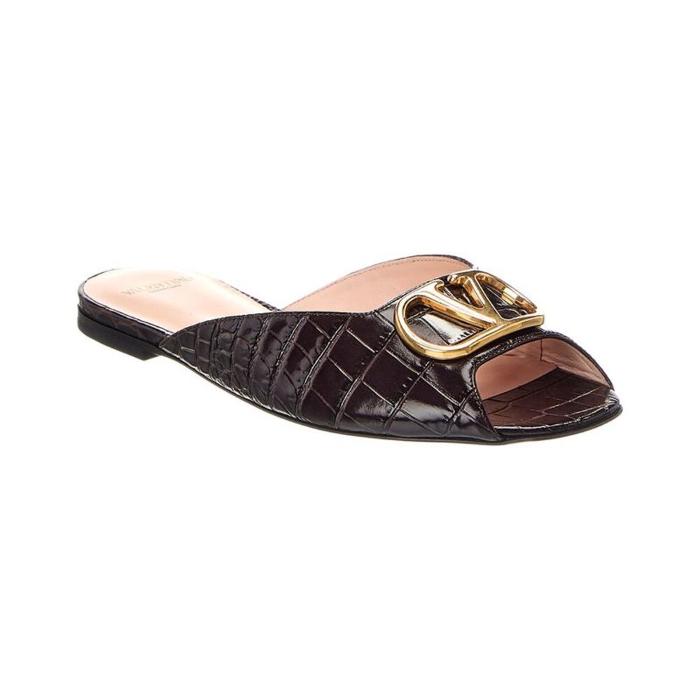 Valentino Vlogo Signature Croc-Embossed Leather Sandal, Brown
